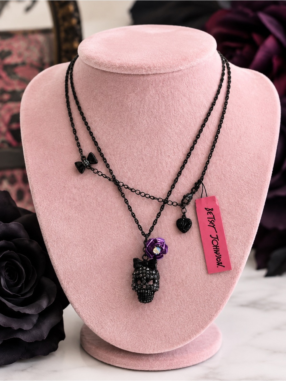 Betsey Johnson Black Long Skull Necklace with Purple Flower Charm